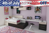 Room with furniture and decor, including a bed and desk, with a 4th of July sale banner at the top.