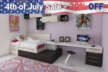 Room with furniture and decor, including a bed and desk, with a 4th of July sale banner at the top.