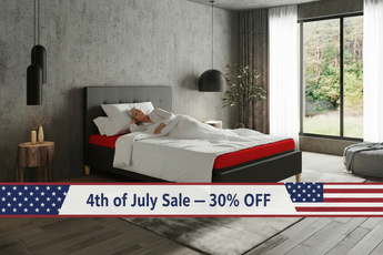 Modern bedroom with a bed and '4th of July Sale - 30% OFF' banner.