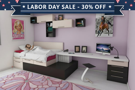 Modern bedroom with purple walls, a bed, desk, and various decor items.