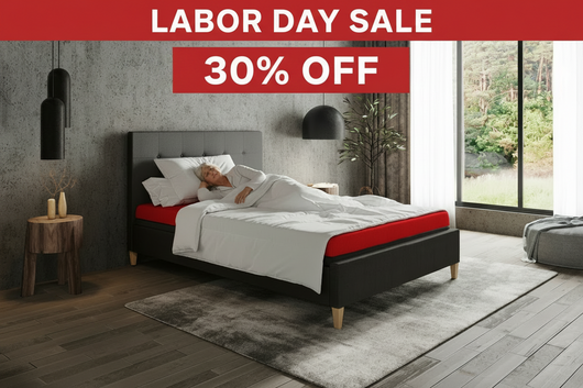Modern bedroom with a bed featuring a red mattress and gray frame.